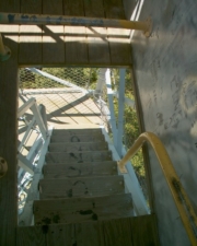 Looking down the stairs from the cabin.