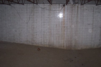 The tiled wall of the pool.