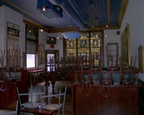 The rear of the restaurant where the billiard tables were located.