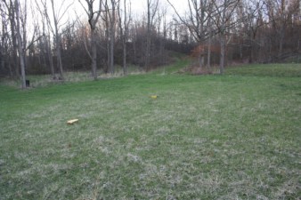 A picnic table and trash can were in the treeline.