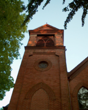 The belfry as seen from the cemetery.