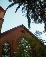 A large stained glass window was located on the northwest side of the chapel.