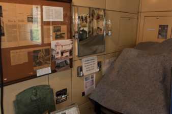 The northern wall of the bathroom was used for various displays.