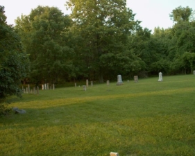Looking back at the tombstones against the treeline.